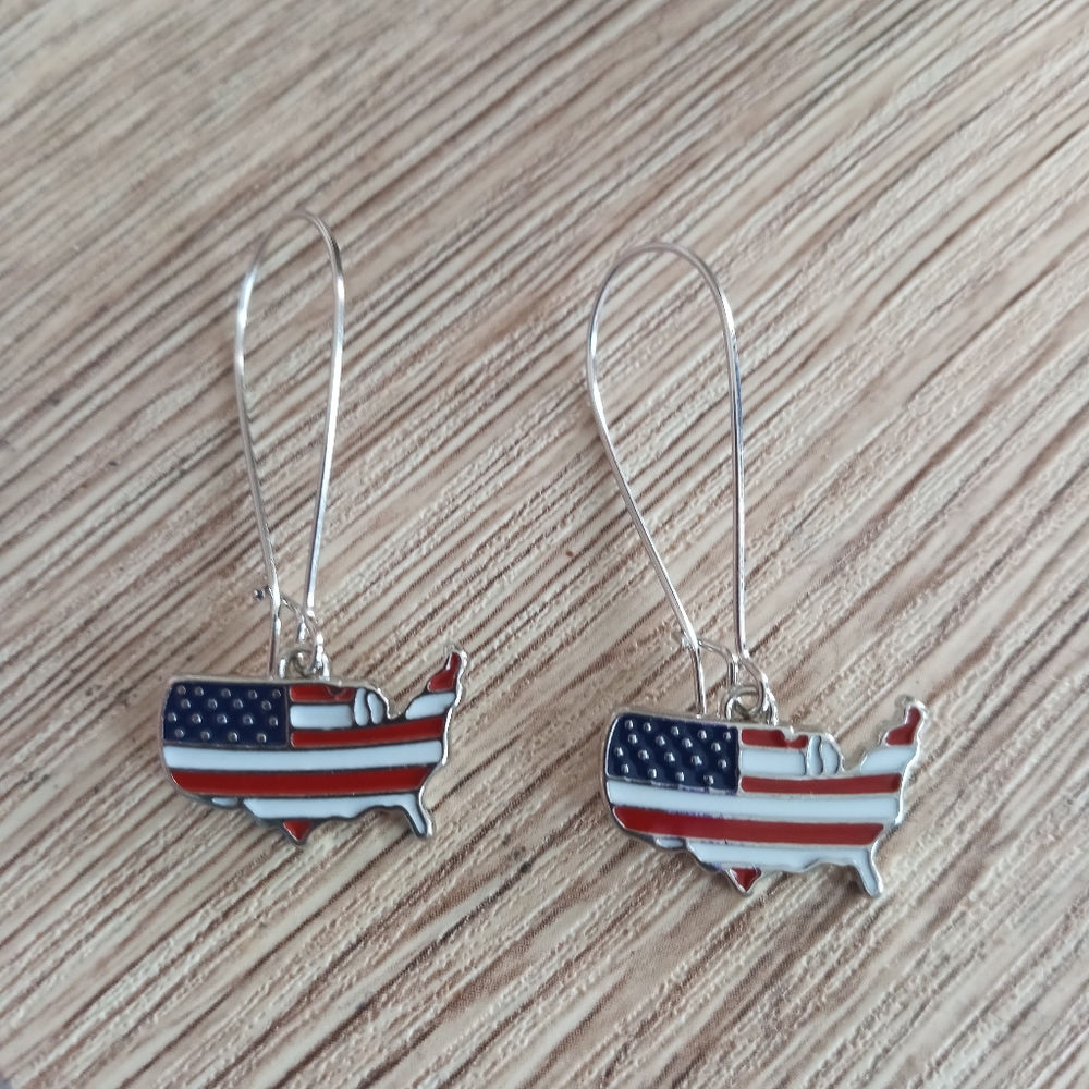 Hand crafted American Flag country statement silver earrings